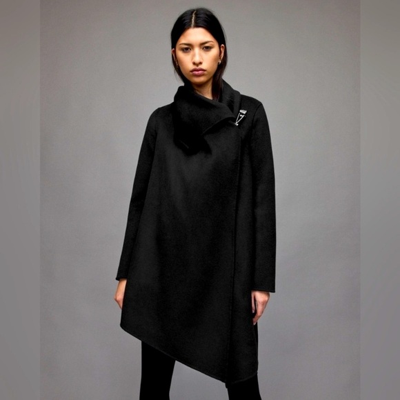 All Saints Monument Black Funnel neck Wool blend coat sz 00 - Picture 2 of 9